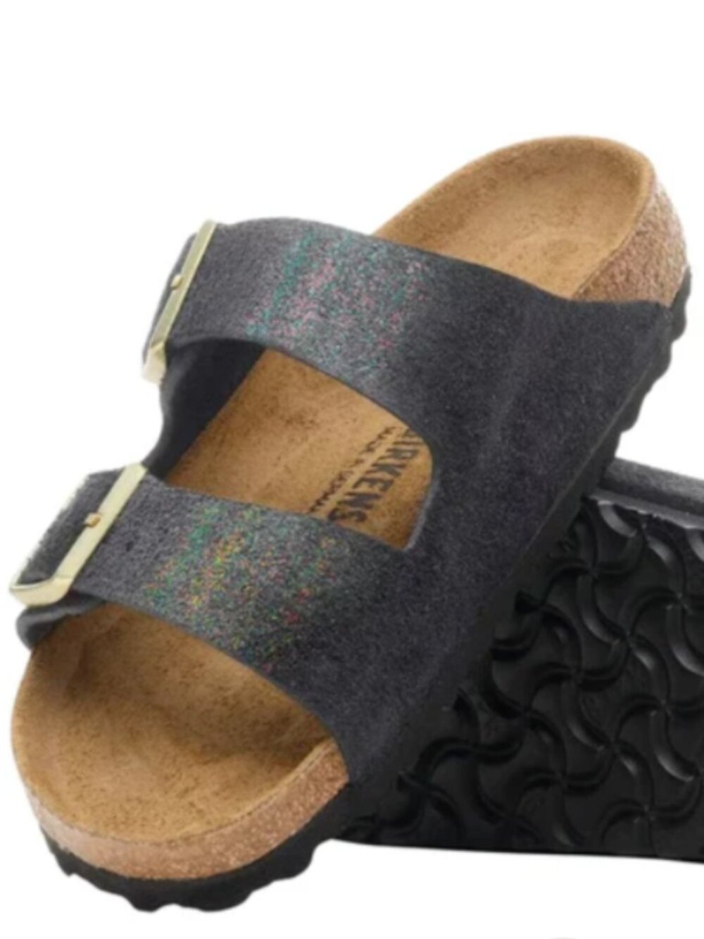 Birkenstock Arizona Black Shimmering Suede Leather Narrow Width Sandals